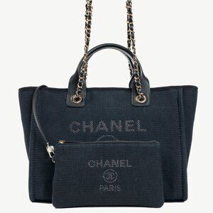 Chanel Small Deauville Black Canvas Logo Shopping Bag